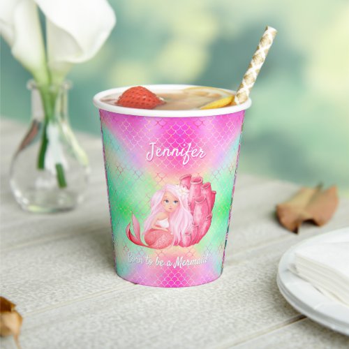 Mermaid fans favorite vivid pink green custom text paper cups