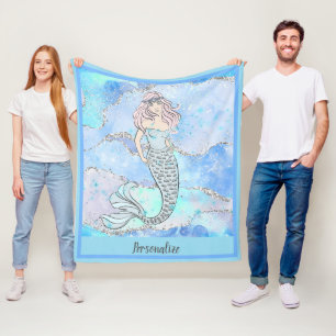 Mermaid Fantasy Beautiful Blue Ocean Glitter Fleece Blanket