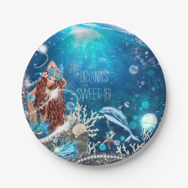 Mermaid Fantasy Red Head Enchanted Beach Party Paper Plates (Front)