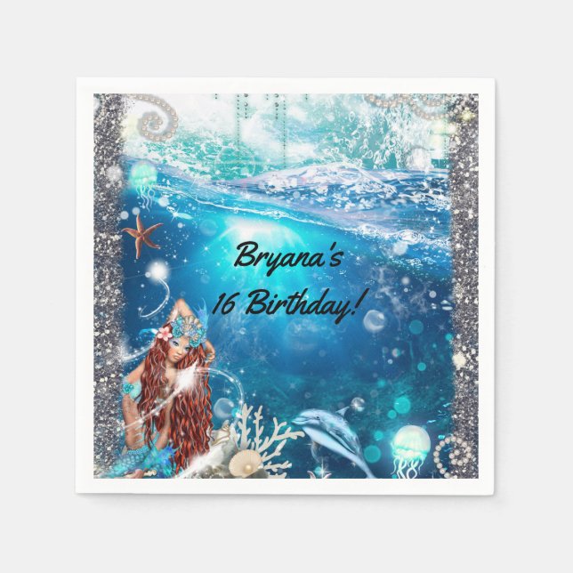 Mermaid Fantasy Red Head Enchanted Birthday Party Paper Napkins (Front)