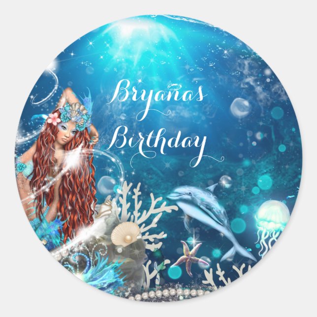Mermaid Fantasy Red Head Enchanted Party Favor Classic Round Sticker (Front)