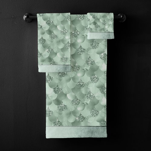 Mermaid Fantasy  Sage Mint Green Scale Pattern Bath Towel Set