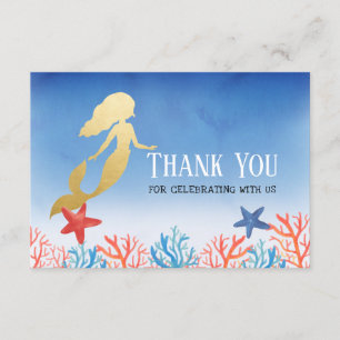 Mermaid Faux Gold Foil Blue Baby Shower Thank You Card