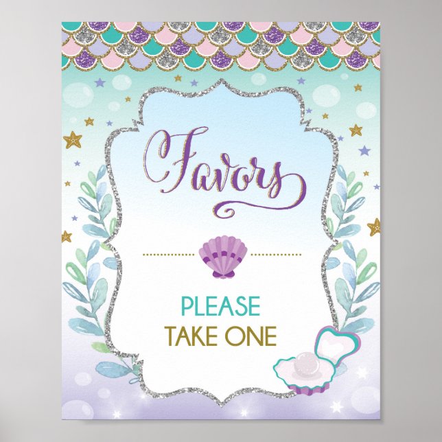 Mermaid Favors Sign Birthday Baby Bridal Shower (Front)