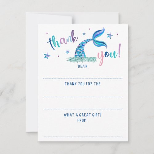 Mermaid Fill In The Blank Glitter Thank You Note Card