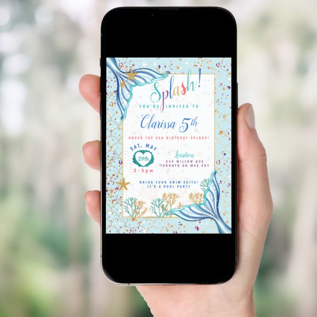 Mermaid Fin Under The Sea Teal Birthday Invitation (Front Digital)