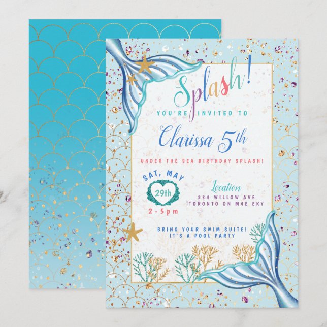 Mermaid Fin Under The Sea Teal Birthday Invitation (Front/Back)