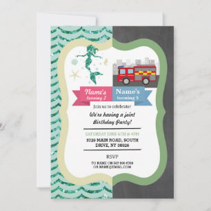 Mermaid & Fire Truck Joint Boy girl Birthday Invitation