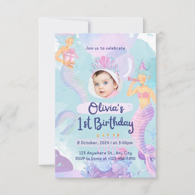 Mermaid First Birthdaty Invitation (Front)