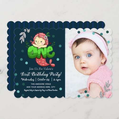 Mermaid First Birthday Cute Pink with Photo Option Invitation