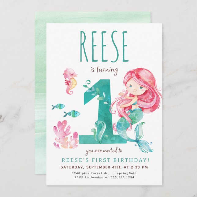 Mermaid First Birthday Invitation (Front/Back)