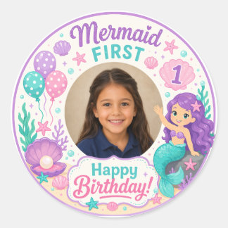 Mermaid First Birthday Photo Frame Classic Round Sticker