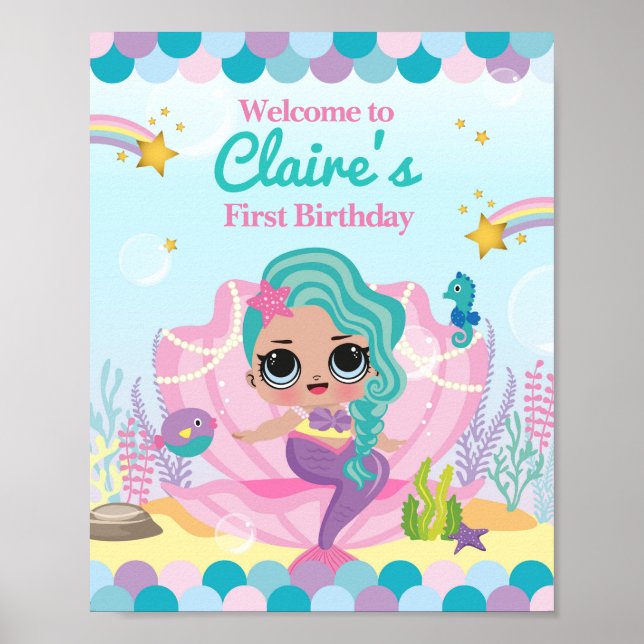 Mermaid First Birthday Poster (Front)