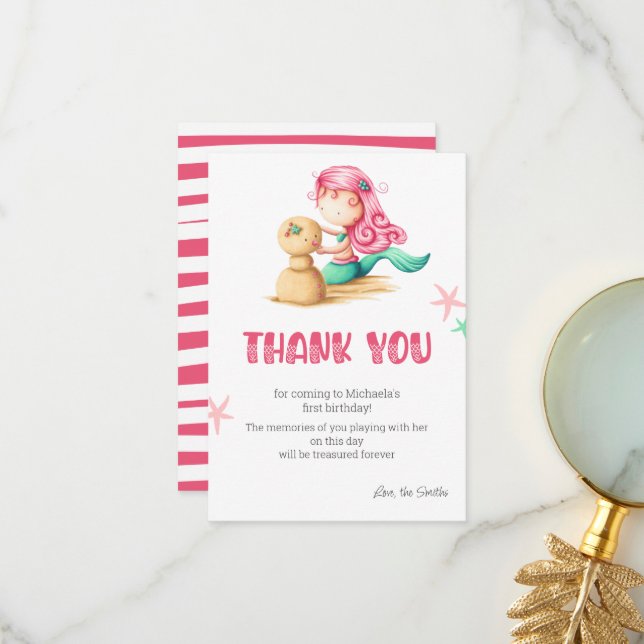 Mermaid First Birthday Thank You Card (Front/Back In Situ)