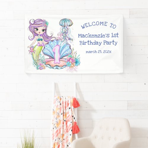 Mermaid First Birthday  Whimsical Party Welcome Banner