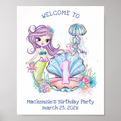 Mermaid First Birthday  Whimsical Party Welcome Poster
