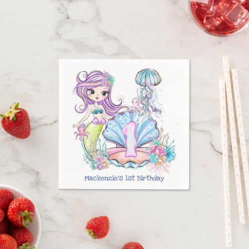 Mermaid First Birthday  Whimsical Sea Life Party Napkins