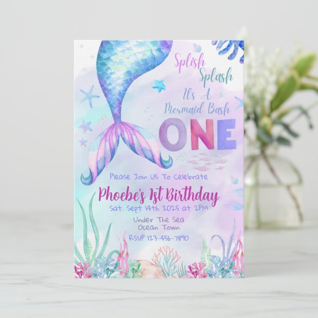 Mermaid First One Birthday Party Invitation (Standing Front)