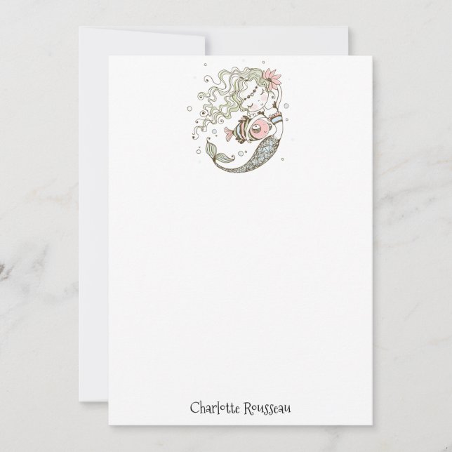 Mermaid Fish Kid's Personalized Stationery Note Card (Front)