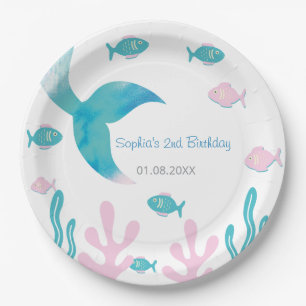 Mermaid Fish Pastel Pink Blue Birthday Paper Plates