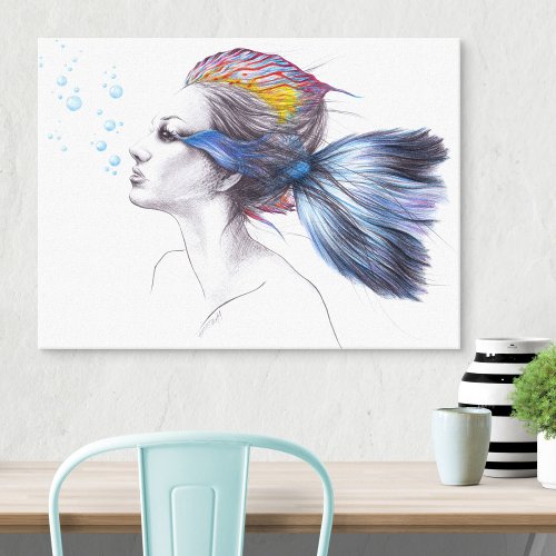 Mermaid Fish Woman Fantasy Surreal Art Drawing Canvas Print