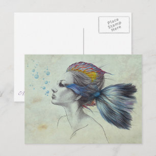 Mermaid Fish Woman Surreal Art Fantasy Drawing Postcard
