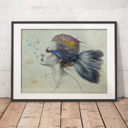 Mermaid Fish Woman Surreal Art Fantasy Drawing  Poster