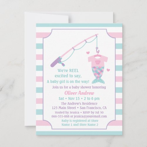 Mermaid Fishing Themed Baby Shower Invitations