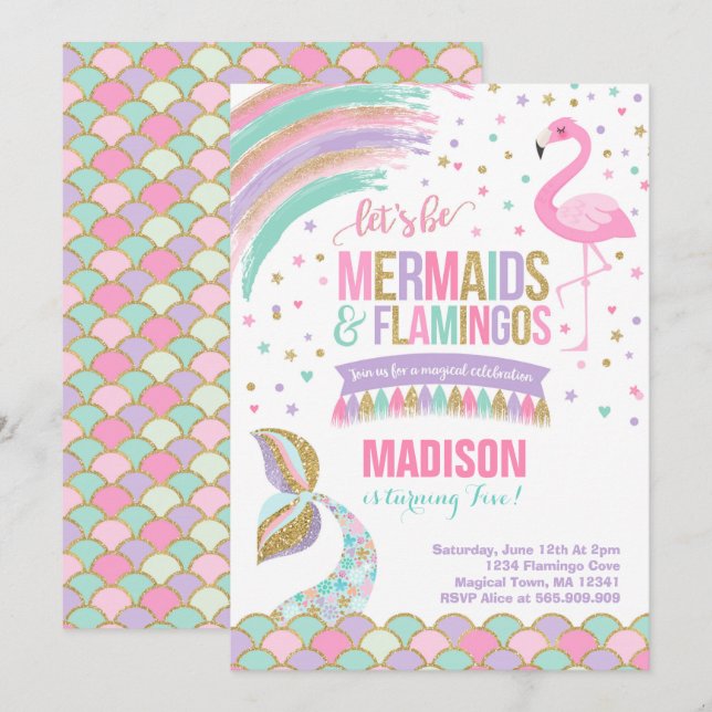 Mermaid & Flamingo Birthday Invitation Magic Party (Front/Back)