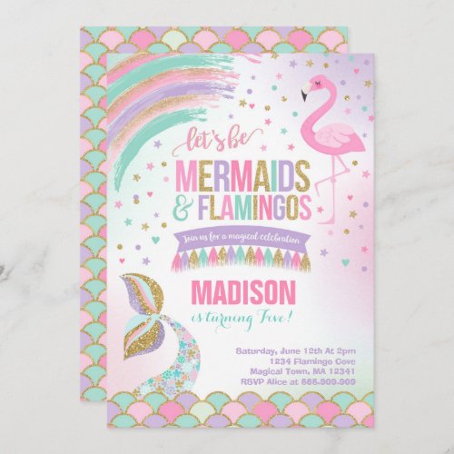 Mermaid  Flamingo Birthday Invitation Magic Party