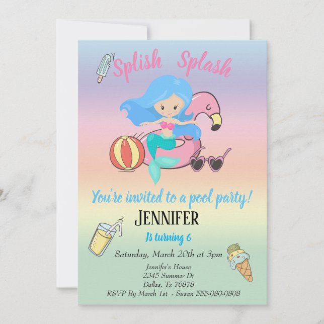 Mermaid Flamingo Float Pool Party Birthday Invitation (Front)