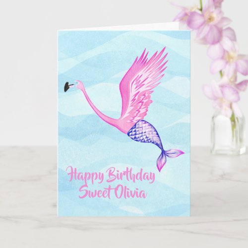 Mermaid Flamingo Girls Birthday Card