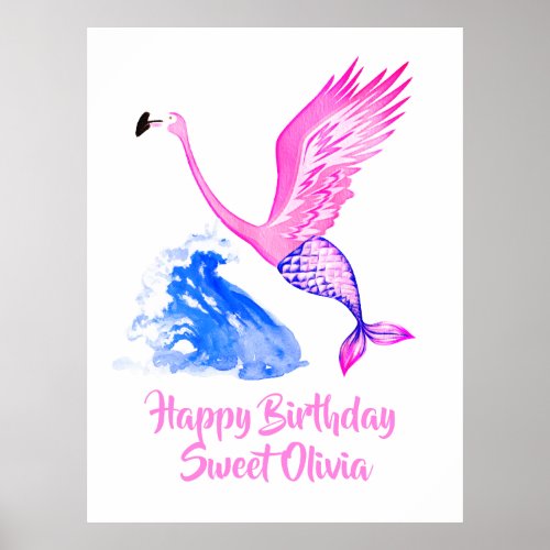 Mermaid Flamingo Making a Splash Custom Birthday Poster
