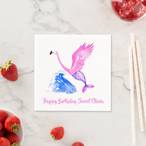 Mermaid Flamingo Making a Splash Girls Birthday Napkins