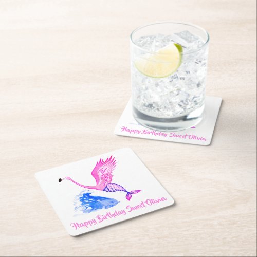 Mermaid Flamingo Making a Splash Girls Birthday Square Paper Coaster