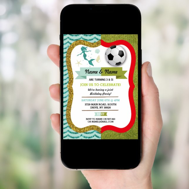 Mermaid & Football Boy Girl Birthday Soccer Invitation (Front Digital)