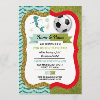 Mermaid & Football Boy Girl Birthday Soccer Invitation by WOWWOWMEOW at Zazzle