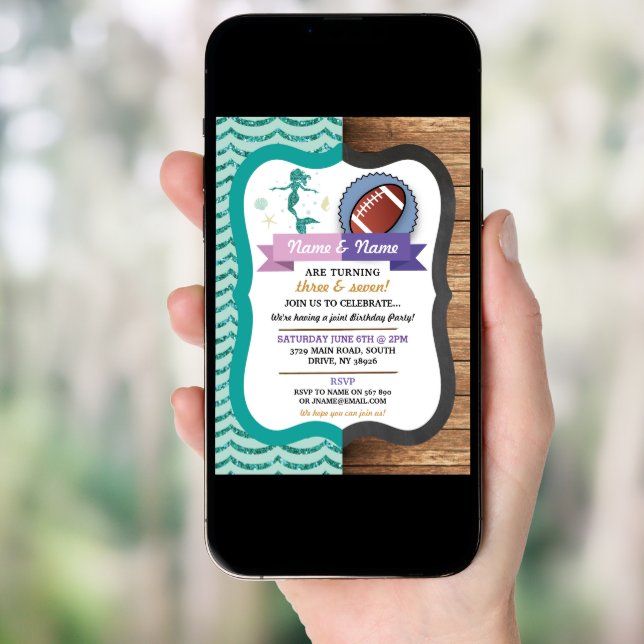 Mermaid & Football Joint Boy Girl Birthday Invites (Front Digital)