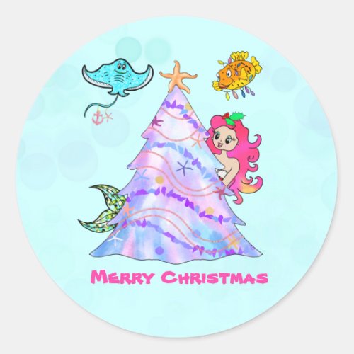 Mermaid  Friends Decorating Christmas Tree  Classic Round Sticker