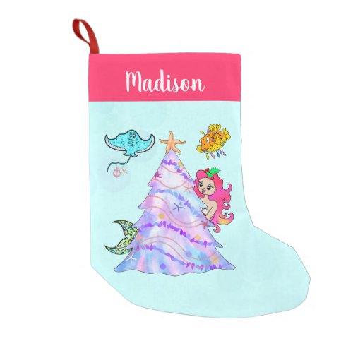 Mermaid  Friends Decorating Christmas Tree Name Small Christmas Stocking