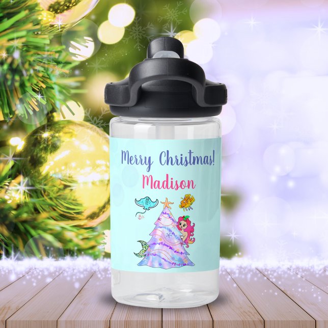 Mermaid & Friends Decorating Christmas Tree Name Water Bottle (Transform hydration with our Merry Christmas Mermaid kids' water bottle, a festive delight joy!)