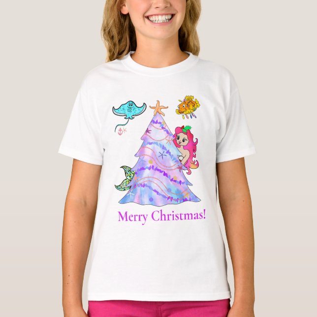 Mermaid & Friends Decorating Christmas Tree  T-Shirt (Front)