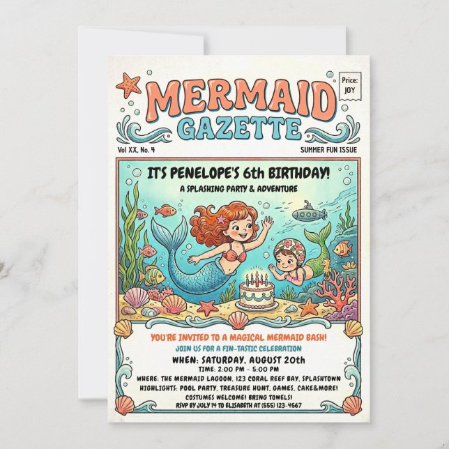 Mermaid Gazette Pool Party Invitation (Front)