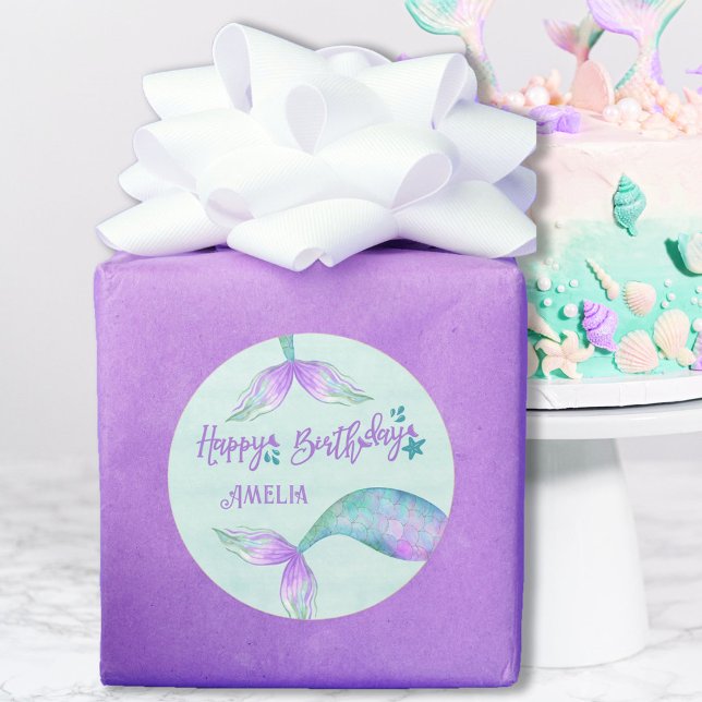 Mermaid Gift Wrap Personalized Happy Birthday Classic Round Sticker (Creator Uploaded)