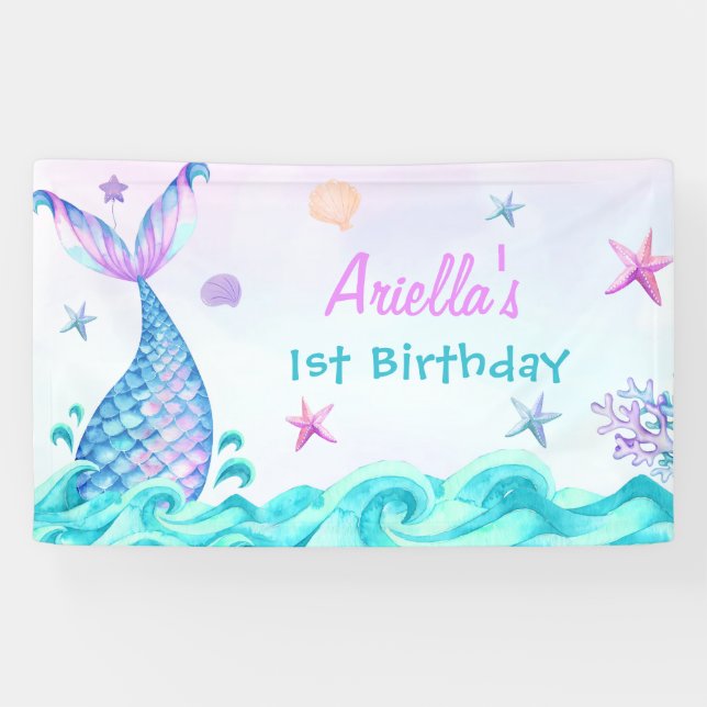 Mermaid Girl 1st Birthday Party Banner (Horizontal)