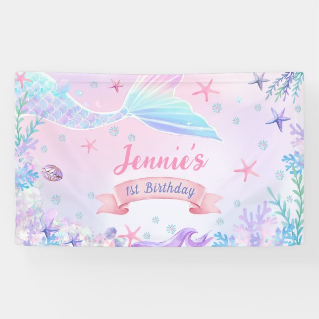Mermaid Girl 1st Birthday Party Banner (Horizontal)