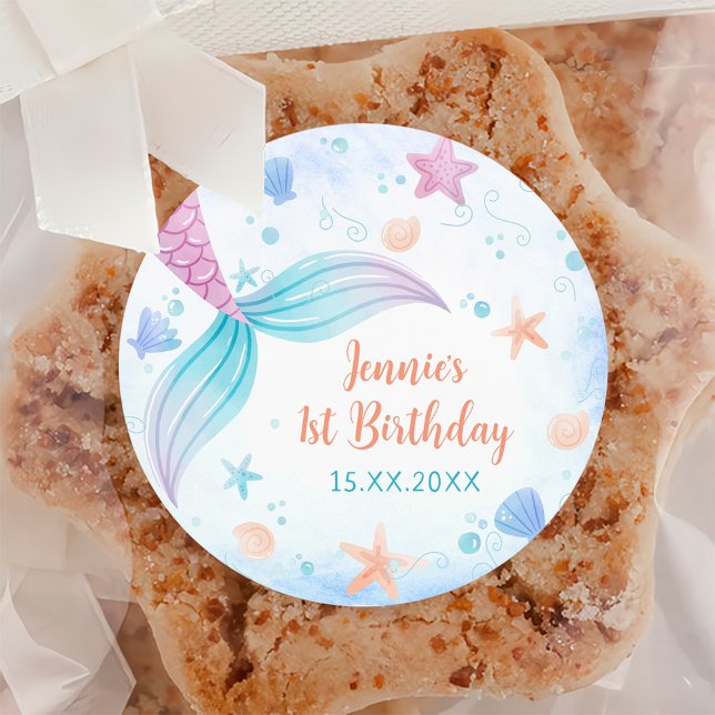 Mermaid Girl 1st Birthday Party  Classic Round Sticker (Creator Uploaded)