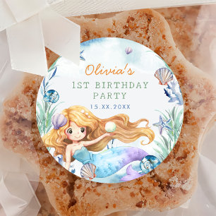 Mermaid Girl 1st Birthday Party  Classic Round Sticker