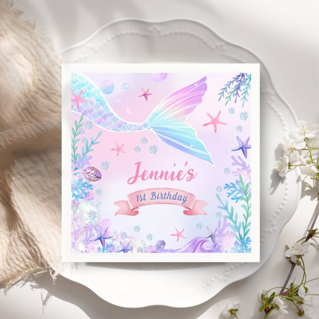 Mermaid Girl 1st Birthday Party  Napkins (Creator Uploaded)