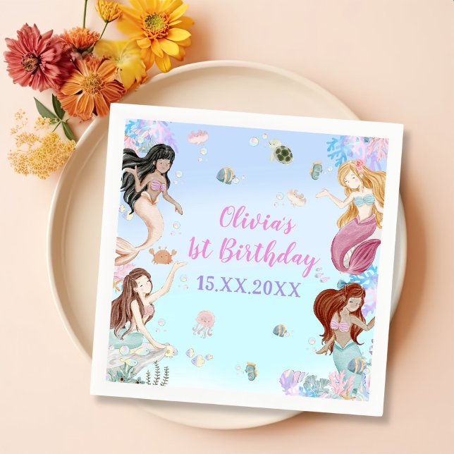 Mermaid Girl 1st Birthday Party  Napkins (Creator Uploaded)